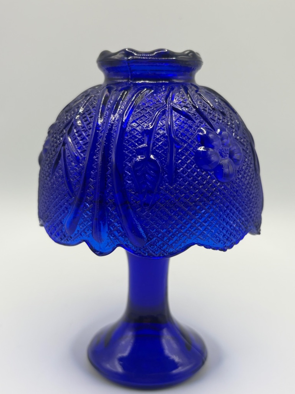 Vintage Cobalt Floral Glass Pedestal Fairy Light Fairy Lamp Candle Holder Decor - Picture 3 of 17